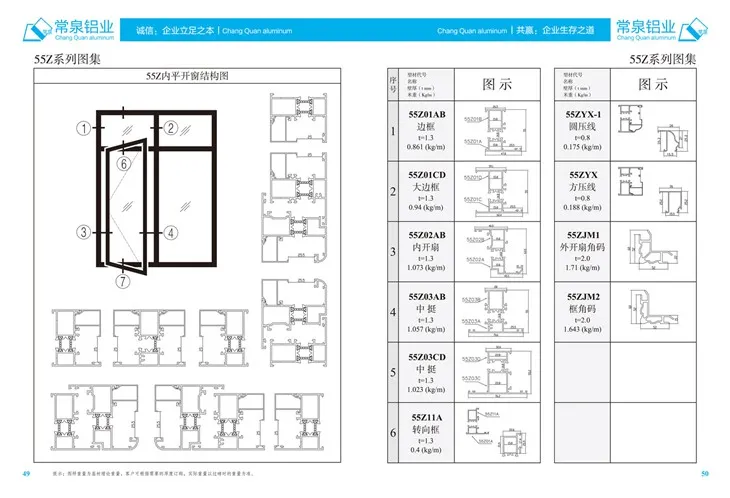 Perfis de alumínio extrudados para China Perfil de extrusão de alumínio para janela e porta de correr Série 55Z mm