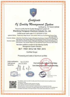 China Shandong Changquan Aluminum Industry Co., Ltd. obtém certificação ISO 9...